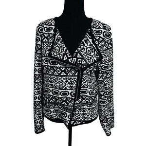 Zenobia  Black & White Abstract Asymmetrical 3/4 Zip Front Shirt Jacket 2X Artsy